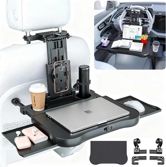 Large Foldable Backseat Tray Table, Car Laptop Desk with Cup Holder, Back Headrest Passenger Food Tray, Phone Tablet Holder, Multifunctional Travel Desk, Car Essentials for Kids & Long Road Trips by Unknown