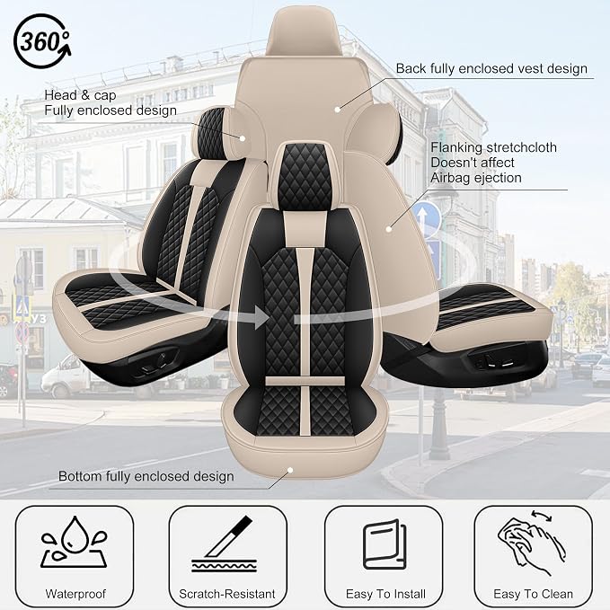IKABEVEM Car Seat Covers Fit for Acura ZDX 2010 2012 2013 | Waterproof Leather, Airbag Compatible, Easy Install & Wipe Car Seat Protector,2 Front Seats Covers Fit for ZDX, Beige&Black - Image 7