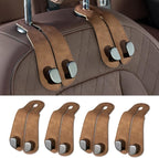 CoBak Purse Hook for Car - Universal Premium Stitched Leather and Aluminum-Magnesium Alloy Double Car Seat Back Storage Hook for Purses, Handbags, Bags (4 Pack),Brown by PopulartabletcasebrandWegivepeoplethebestdesignofprotectingvariouselectronicdevices