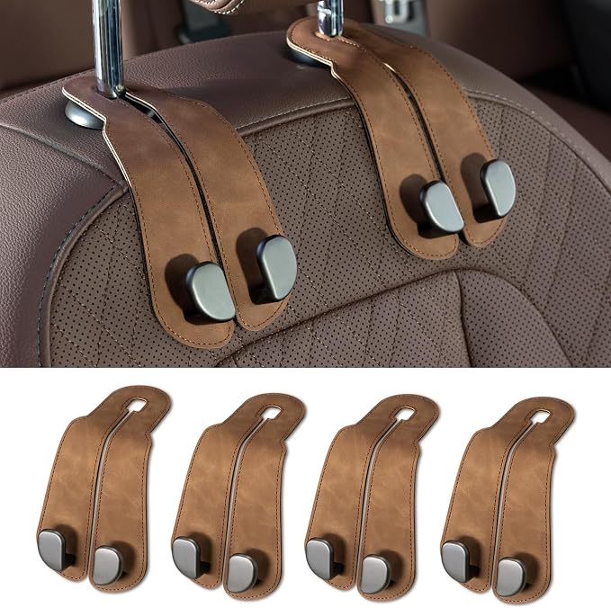 CoBak Purse Hook for Car - Universal Premium Stitched Leather and Aluminum-Magnesium Alloy Double Car Seat Back Storage Hook for Purses, Handbags, Bags (4 Pack),Brown by PopulartabletcasebrandWegivepeoplethebestdesignofprotectingvariouselectronicdevices