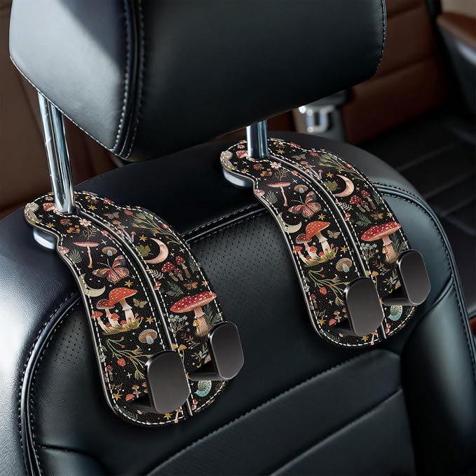 Blusabaca 2PCS Car Seat Headrest Hooks, Purses Bags Holder, Cute Mushroom | PU Leather, Double Metal Back Storage Hangers for Grocery Bags Handbags Bottles Coats Phones, Car Accessories Organization by Blusabaca