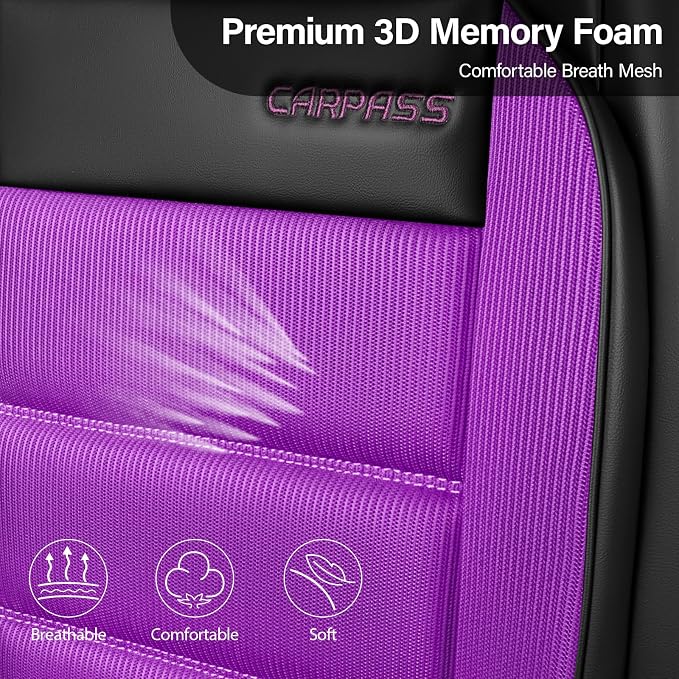 CAR PASS Memory Foam Seat Covers Full Sets, Airy Cool Mesh Thick Car Seat Covers Women, Leather Car Seat Covers 5 Seats Airbag Compatible, Universal Automotive Comfort for Cars, Trucks, SUV, Purple - Image 5