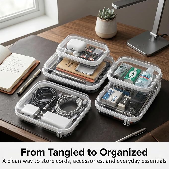 6 Pack Clear Hard Shell Zipper Case, See-Through Hard Plastic Organizer Pouches Zipper for Travel - Toiletries, Electronics, Pencils, Makeup, Secure Storage Design, 3 Sizes (2 Small/2 Medium/2 Large) - Image 5