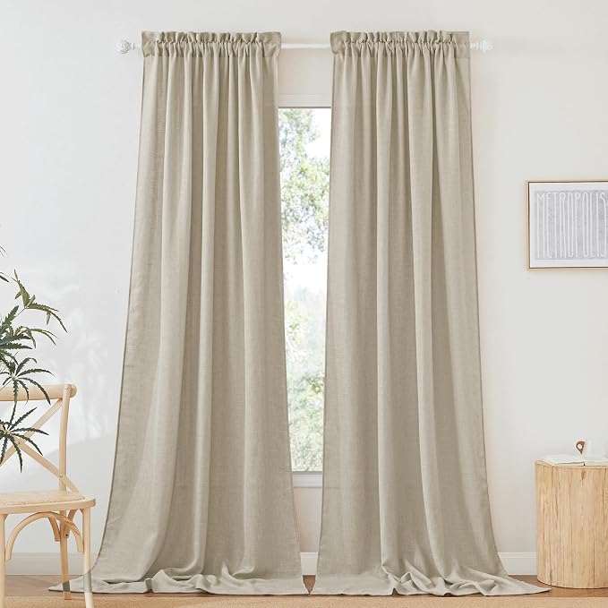 RYB HOME Linen Sheer Curtains Extra Long Farmhouse Bedroom Sliding Door, Beige, W 52 x L 120, 2 Panels by RYBHOME