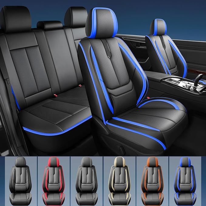Fit Frontier Car Seat Covers for Nissan Frontier 2009-2025 2026 -Upgraded Premium Waterproof & Breathable Leather,Airbag Compatible,All-Weather Seat Cushion Protector,2 Front/Black-Blue - Image 2