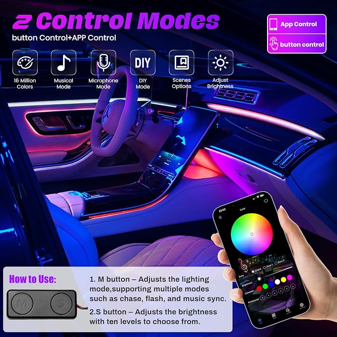 Acrylic Interior Car LED Strip Lights, Dreamcolor 10-in-1 Car Ambient Lighting Kit, with APP Control, 622 LED Fiber Optic Strip Lights for Cars, Supports Neon Sync with Music DIY Mode - Image 4