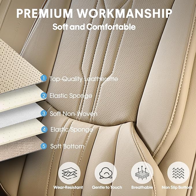 AOOG Car Seat Covers Custom Fit for Ford F150 2009-2026, Faux Leather Seat Cover Set for 2017-2026 F250 F350 F450, Accomodating Regular Cab Super Cab Super Crew Pickup Truck Cushions(Beige, Full Set) - Image 4