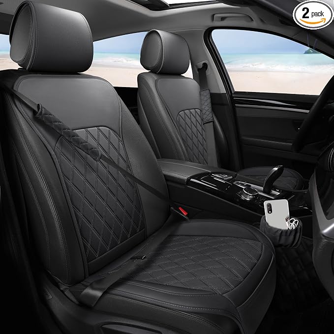 Front Car Seat Covers - Leather Seat Covers with Storage Pocket and Two Belt Pads, Anti-Slip Waterproof Universal Seat Covers for Cars Fit Cars Trucks SUV(Black,2 Pack) by HOME