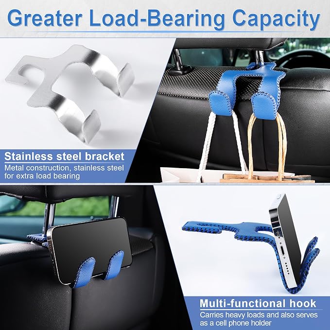 LivTee Upgraded Superior Leather Car Seat Back Headrest Hook, 2 in 1 Auto Seat Hook Hangers Holder Organization Interior Accessories for Purses Coats Umbrellas Grocery Bags Handbag (Blue) - Image 4