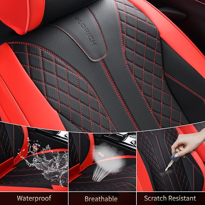 FLORICH Car Seat Covers Front Seats Luxury Faux Leather Waterproof Seat Covers Car Seat Protector Automotive Seat Covers Cushion Universal Fit for Most Cars SUV Trucks, Black&Red - Image 4
