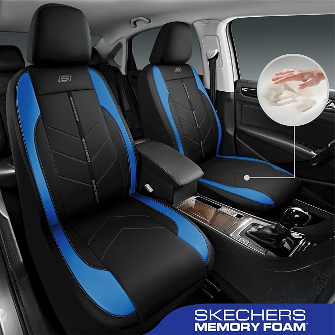Skechers Car Seat Covers,Luxury Faux Leather Seat Covers,Waterproof Anti Slip Car Seat ProtectorFull Set,Car Accessories Airbag Universal Fit for Most Cars,Vans,Trucks,SUV,Blue - Image 2