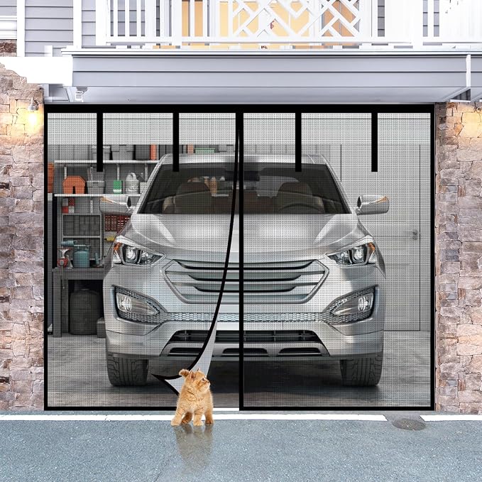Fiberglass Garage Door Screen, Sunmoxia 8x7Ft Magnetic Heavy Duty Garage Door Curtain with 4 Strapping Tapes - Durable Breathable Mesh Patio Porch Privacy Curtain by Sunmoxia