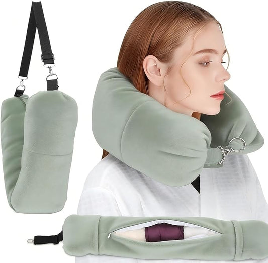 Stuffable Neck Pillow for Travel, Packable Neck Pillow (Sage Green) | Velvet cover, Stuff with clothes to save luggage space, No extra baggage fees, Fits 5+ days travel essentials, Zipper closure by NK+HealthCare