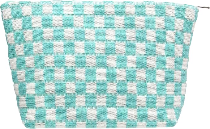 Checkered Makeup Bag for Purse, Small Flat Cosmetic Pouch,Arctic Blue | Cute Zipper Makeup Organizer for Women, Travel Essentials, Toiletries, Makeup Brushes, Beauty Accessories&Bridesmaid Gifts by PAZIMIIK