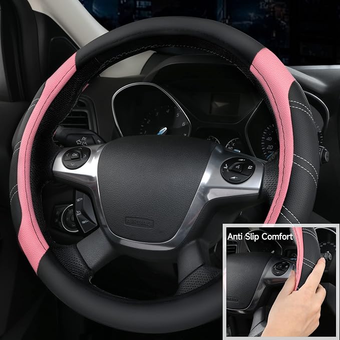 CAR PASS Microfiber Steering Wheel Cover and Waterproof Car Floor Mats,Leather Universal Car Combo Fit for 95% Truck,SUV,Cars,14.5-15inch Sporty Anti-Slip Safety Comfortable Design(Black and Pink) - Image 6