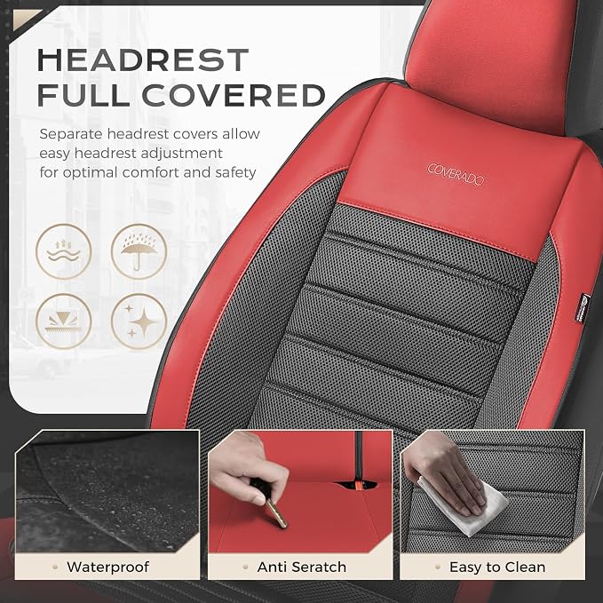 Coverado Car Seat Covers Full Set, Luxury Leather Car Seat Covers, Automotive Front and Rear Mesh Seat Covers, Full Set 5 Seats, Black Red Seat Covers for SUV Sedan Truck - Image 5