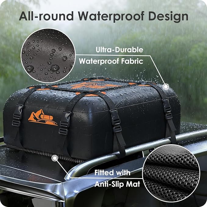 Car Rooftop Cargo Carrier Bag 15-20 Cubic Feet, 100% Waterproof Heavy Duty Car Roof Bag for All Vehicle with/Without Racks - Anti-Slip Mat, 4 Door Hooks, Storage Bags (Orange, 15Cu.Ft) - Image 2