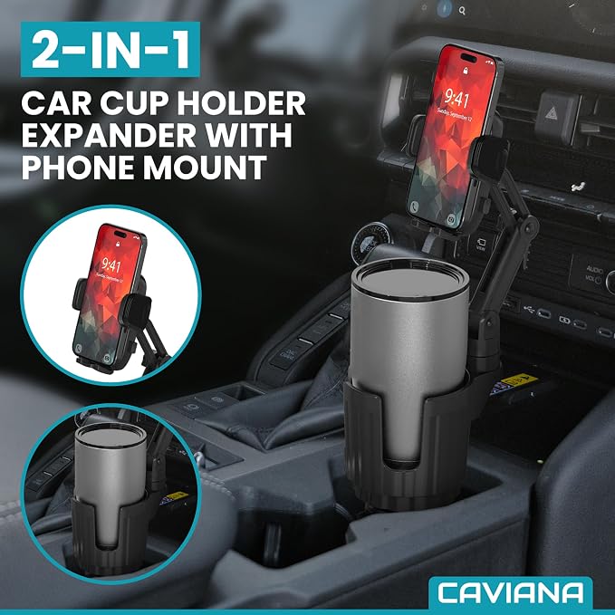 Phone Holder & Phone Mount for Car & Cup Holder Expander – 2-in-1 for Smartphones, Bottles, Tumblers & Coffee Mugs – Strong Clamp, Anti-Shake, 360° Rotation - Image 2