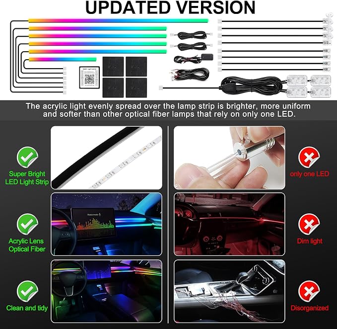 Dreamcolor Acrylic Interior Car LED Strip Light with Wireless APP, RGB 18 in 1 with 175 inches 612 LEDs Fiber Optic Strip Lights for Car, Dual Zone Music Sync Neon Car Ambient Lighting Kits - Image 6