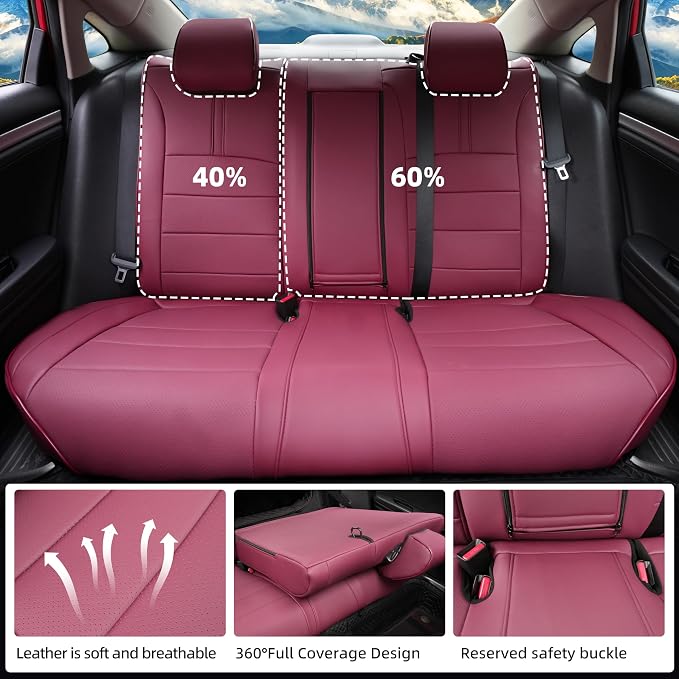 Lolcar Custom Fit Civic Seat Covers for Honda Civic Sedan 2016 2017 2018 2019 2020 2021 EX,EX-L,EX-T,Touring,LX-P,Sport - 5-Seats Leather Full Set，Burgundy(60/40 Split Seatback-with Rear Armrest) - Image 3