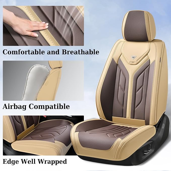 Coverado Seat Covers, Car Seat Covers Front Seats, Leather Seat Covers for Cars, Automotive Seat Covers Car Seat Protector Car Seat Cushion Universal Fit for Most Sedan SUV Pick-up Truck(Beige&Coffee) - Image 2