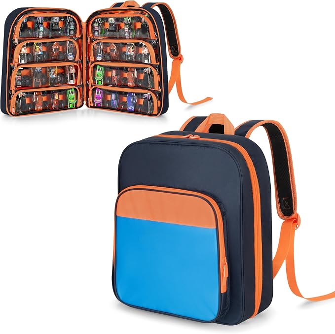 CURMIO Toy Cars Backpack Compatible with Monster Jam Trucks Up to 37pcs | Truck Carrying Case for 1:64 Scale Toy Cars, with 8 Transparent Pockets and Front Pocket, Home Use & Travel, Empty Bag by CURMIO