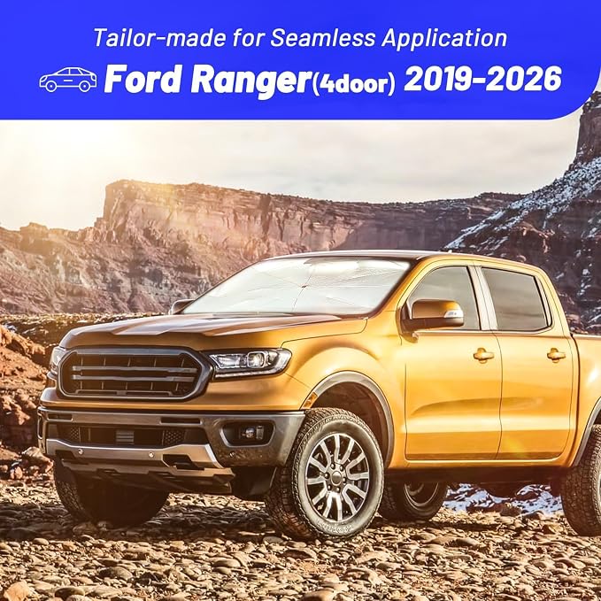 Windshield Sun Shade Fit for Ford Ranger (4Door) 2019-2026, Umbrella Shades | Custom Foldable Front Window Sunshade with 360° Rotating Shaft, Car Shades with UV & Heat Protection - Image 3