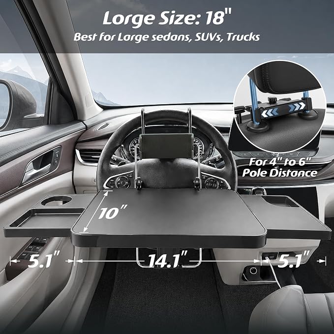 Large Car Steering Wheel Tray Back Seat Headrest Tray with Phone Holder, Steering Wheel Desk Food Table for Car Laptop Mount Steering Wheel for Large SUVs, Trucks & Vans,17.5" - Image 3
