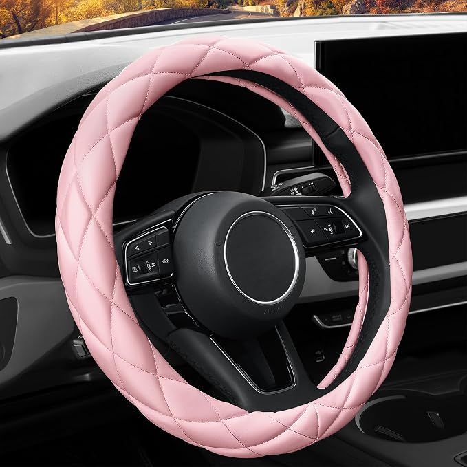 YHONGJT Soft Microfiber Leather Steering Wheel Cover, Universal 15 Inch for Women Girls, Fit Vehicles, Sedans, SUVs, Vans, Trucks - Light Pink - Image 3
