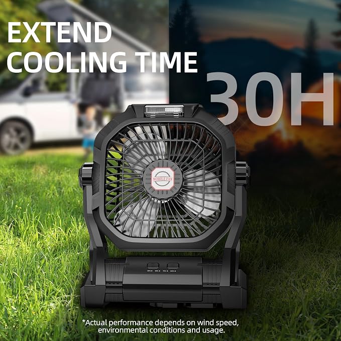 Camping Fan Rechargeable, 20000mAh Battery Powered Portable Fan with LED Light & Hook, 4-Speed 270° Adjustable, Camping Essentials for Tent, Travel, Car, Outdoor, Indoor, BBQ, Fishing, Jobsite - Image 6