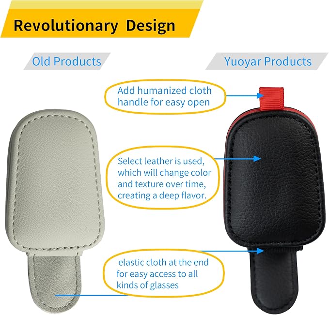 Yuoyar Magnetic Leather Sunglasses Holder for Car, 2 Packs (Black-red) | Magnetic Car Visor Accessories - Image 2