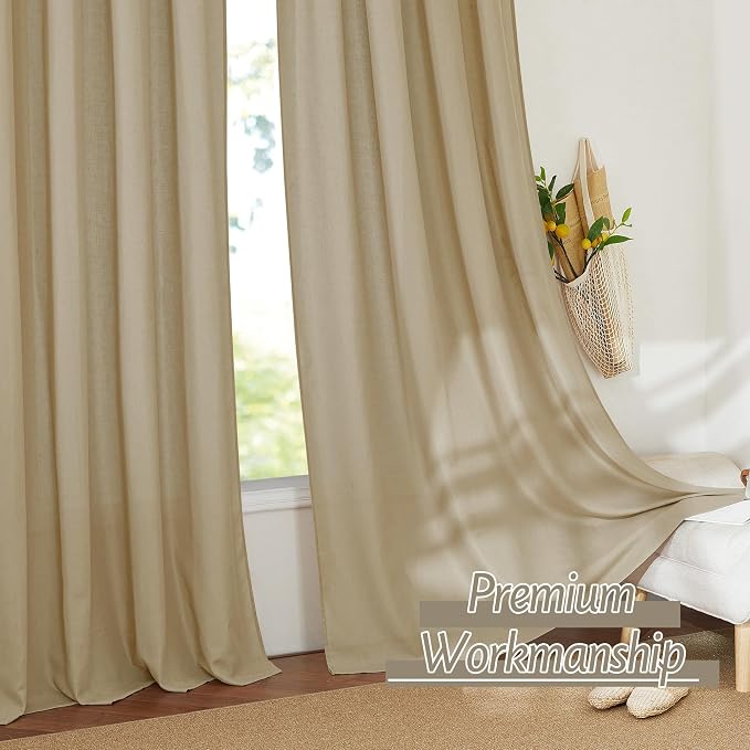 RYB HOME Linen Sheer Curtains 2 Panels for Living Room, Semi Transparent Privacy Drapes with Rod Pocket Farmhouse Style Window Treatments for Bedroom, Camel, 52" W x 102" L - Image 6