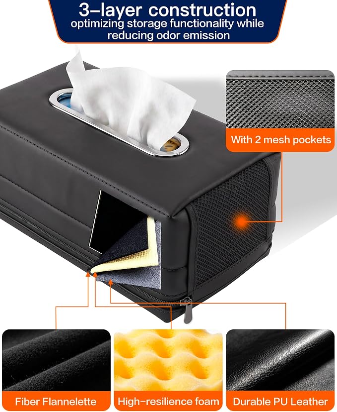 Large Car Tissue Holder PU Leather Organizer with 2 Mesh Pockets | Rectangle Tissue Box Cover for Headrest, Backseat & Armrest, Smooth-Pull Metal Opening Fits 120-160 Count Napkins - Image 8