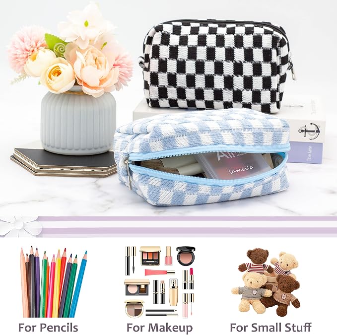 Checkered Makeup Bag for Purse, Small Travel Cosmetic Pouch,Blue,6 Pack | Cute Zipper Makeup Organizer for Women, Travel Essentials, Toiletries, Makeup Brushes, Beauty Accessories&Bridesmaid Gifts - Image 2