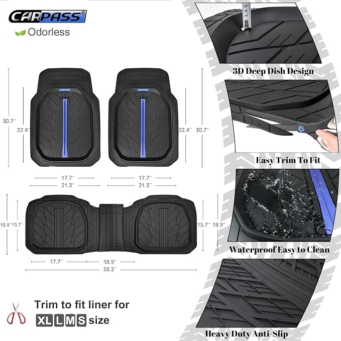CAR PASS Tire Tread DeepDish Rubber Floor Mats for car Heavy Duty car mats All Weather, Universal XL~M Trim to Fit for Truck SUV Vehicle Automotive, Waterproof car mats 3 Piece(Blue Black) - Image 8