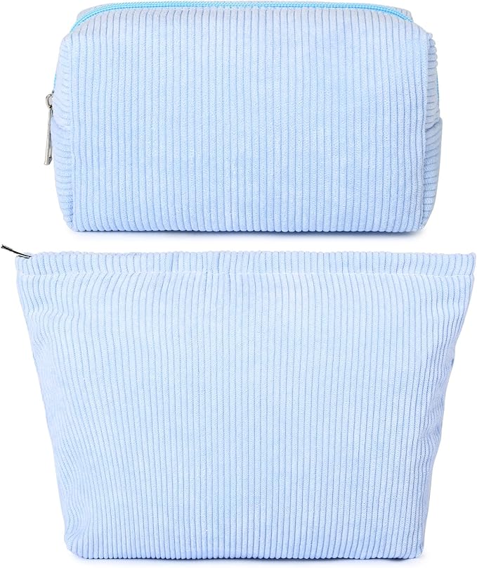 SOIDRAM 2 Pieces Makeup Bag Large Corduroy Cosmetic Bag Capacity Canvas Mix Travel Toiletry Bag Organizer Cute Makeup Brushes Aesthetic Accessories Storage Bag for Women, Corduroy Mix Blue by SOIDRAM