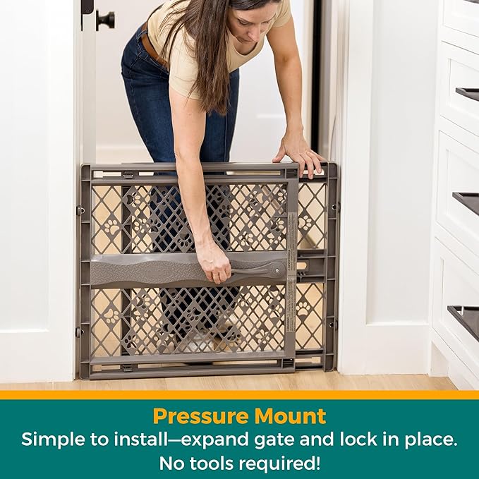 MYPET Paws Portable Pet Gate: 26-40" Wide Expandable, Pressure Mounted No Tools Needed, Durable Dog Gate for Doorways, Made in USA, 23" Tall, Fieldstone Gray - Image 3