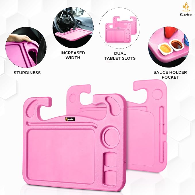 EcoNour 4 in 1 Car Steering Wheel Tray - 2024 Upgraded Pink Tray with Dual | Sauce Dip Holder and Tablet Holder | Spacious Steering Wheel Desk for Food and Laptop | Car Accessories (Large) - Image 2