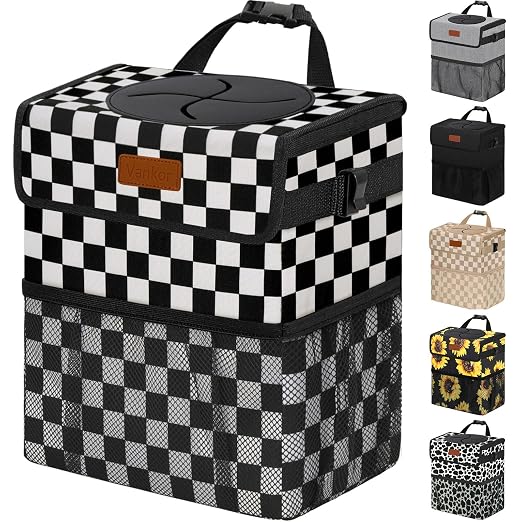 Vankor Car Trash Can with Lid Leak Proof Car Accessories for Women | 3 Gallon Cute Hanging Car Trash Bin for Men Car Truck Auto Interior Automotive Garbage Cans, Black White Checkered by Vankor
