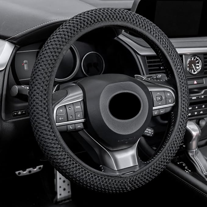 Alpmosn Elastic Stretch Steering Wheel Cover, Universal Interior Accessories Steering Wheel Cover for Women & Men, Breathable Microfiber Ice Silk, Anti-Slip, Odorless, Easy Carry(Black) by alpmosn