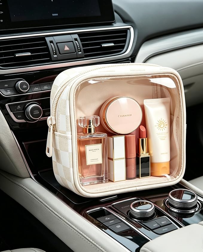 Clear Checkered Makeup Bag, Small Cosmetic Pouch with Zipper Mini Waterproof Makeup Purse Organizer Cute Cosmetic Bag Travel TSA Approved Toiletry Bag Car Organizer for Women Girls (Beige) - Image 4