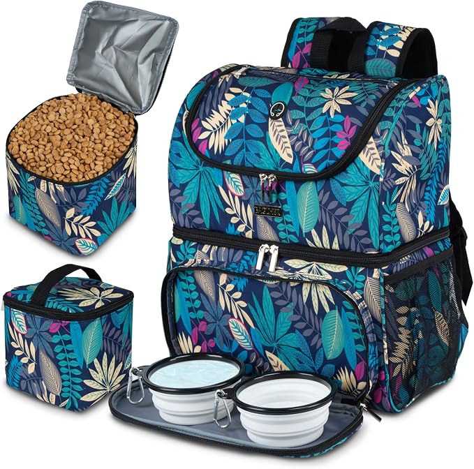 BAGLHER Pet Travel Bag, Double-Layer Pet Supplies Backpack (for All Pet Travel Supplies), Pet Travel Backpack with 2 Silicone Collapsible Bowls and 2 Food Baskets Hawaii by BAGLHER