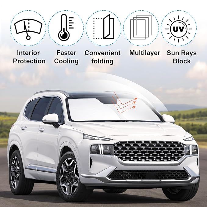 Windshield Sun Shade for 2019-2026 Hyundai Santa Fe Accessories | Full covered for windshield, Foldable & Durable, Block UV Rays, Reduce Heat, Easy to install, Keep Car Cooler - Image 2