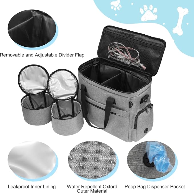 MYDAYS Dog Travel Bag, Pet Luggage Suitcase, Weekend Tote Carrier with Collapsible Bowl (Gray) - Image 2