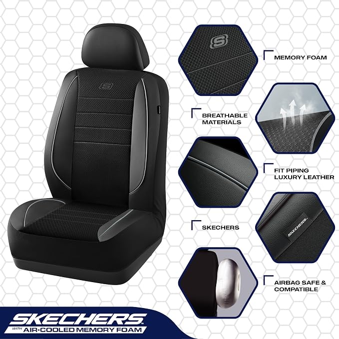 Skechers Air-Cooled Memory Foam Seat Covers,Mesh Thick Car Seat Covers,Piping Leather Car Seat Covers Front Seats,Airbag Compatible,Automotive ComfortUniversal Fit Most Cars,Vans,Truck,SUV,Gray - Image 3
