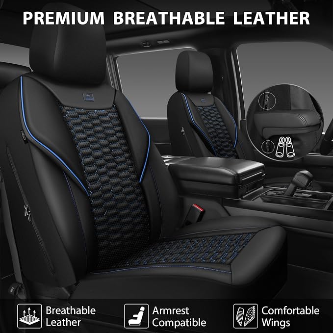 CAR PASS 3D Foam PU Leather Car Seat Covers Full Set,Luxury Breathable Faux Leather Seat Covers for Car,Anti Slip Universal Fit for SUVs Vans Sedan Truck Auto,Armrest Airbag Compatible,Black and Blue - Image 2