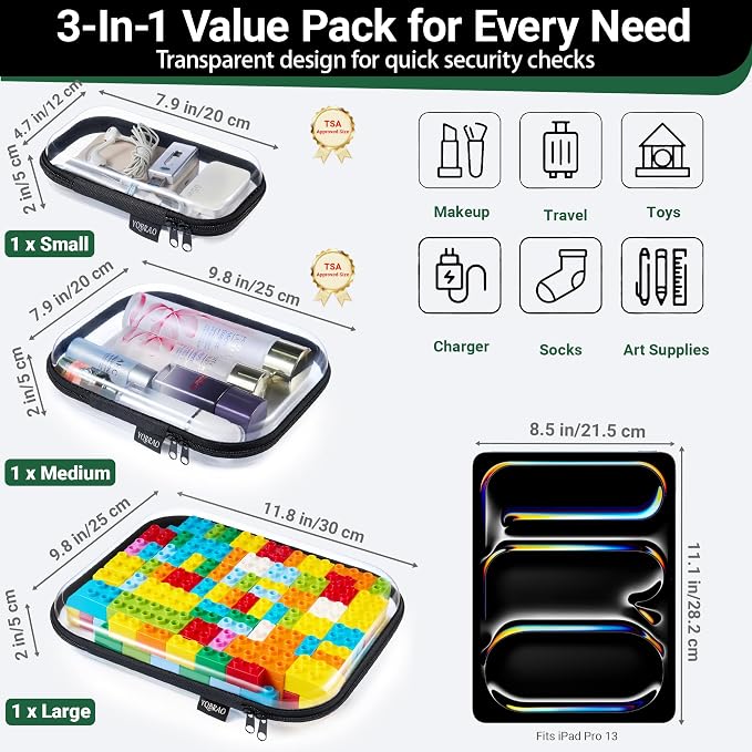 YQBRAO Clear Hard Shell Organizer Cases, 3-Pack, Black | Large, medium & small clear organizers in rigid PET for travel, office, tech and everyday organization - Image 4