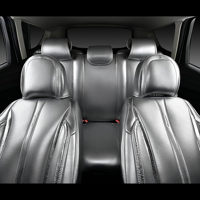 CAR PASS Ultra+ Nappa Leather Car Seat Covers Full Set Universal Cushioned, Soft Breathable Waterproof Anti-Slip Driver Seats and Backrest for SUV Pick-up Truck Sedan, 5 Seats Margiela Solid Silver - Image 4
