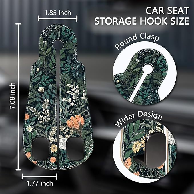Blusabaca 2PCS Car Hooks for Purses Bags, Weeds Floral Flowers Wildflowers Plants Seat Back Storage Headrest Holder Hanger PU Leather Double Backseat Organizer, Women Car Accessories Organization - Image 5