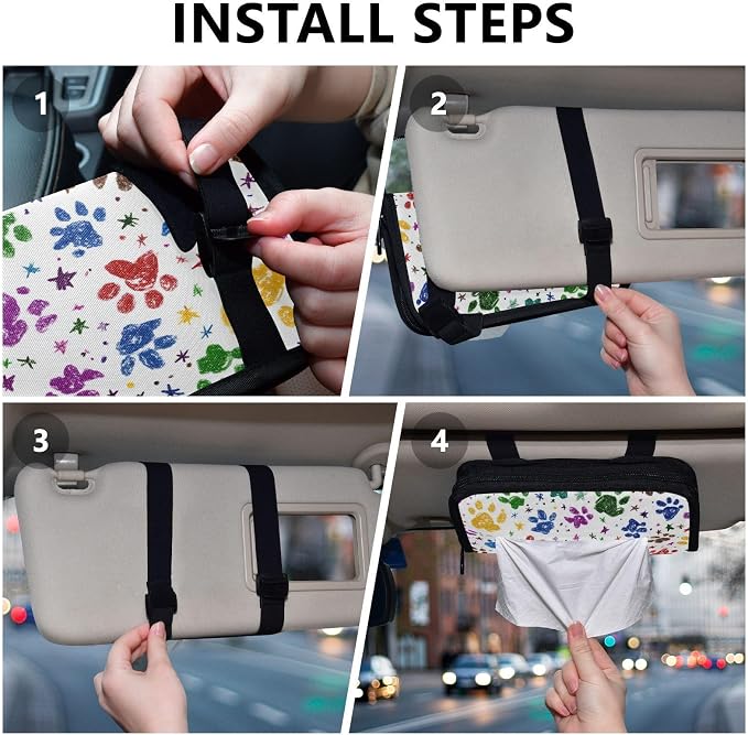 Car Tissue Holder Car Napkin Holder Car Tissue Box Dispenser Storage Case Sun Visor Mask Holder with Adjustable Straps Reusable Refillable Paw Prints and Stars - Image 5